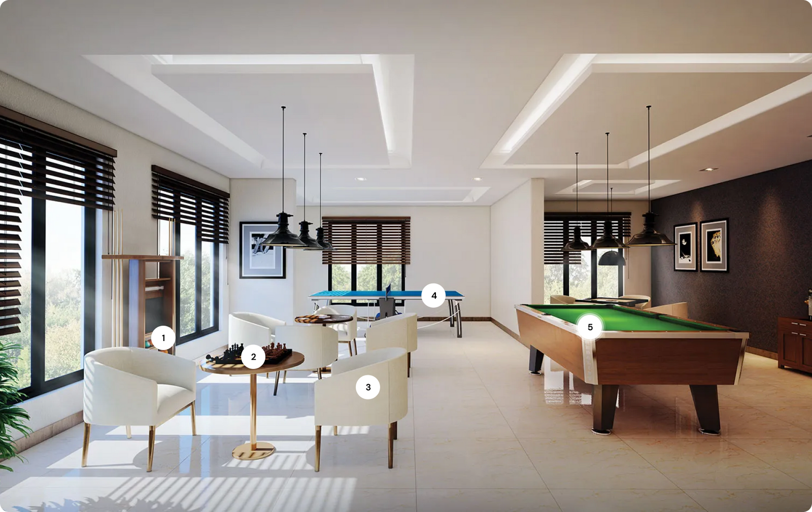 Modern living room with pool table, chairs, and a dining area.