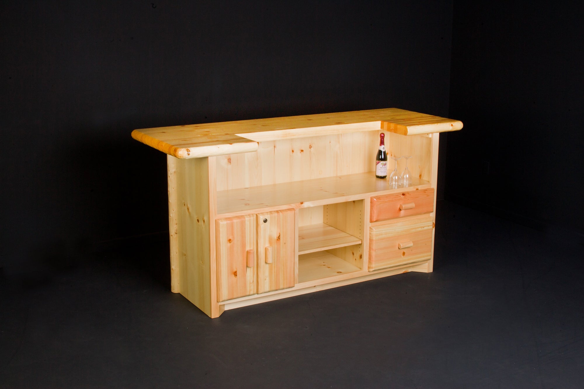 Rustic bar furniture with natural wood finish and storage shelves