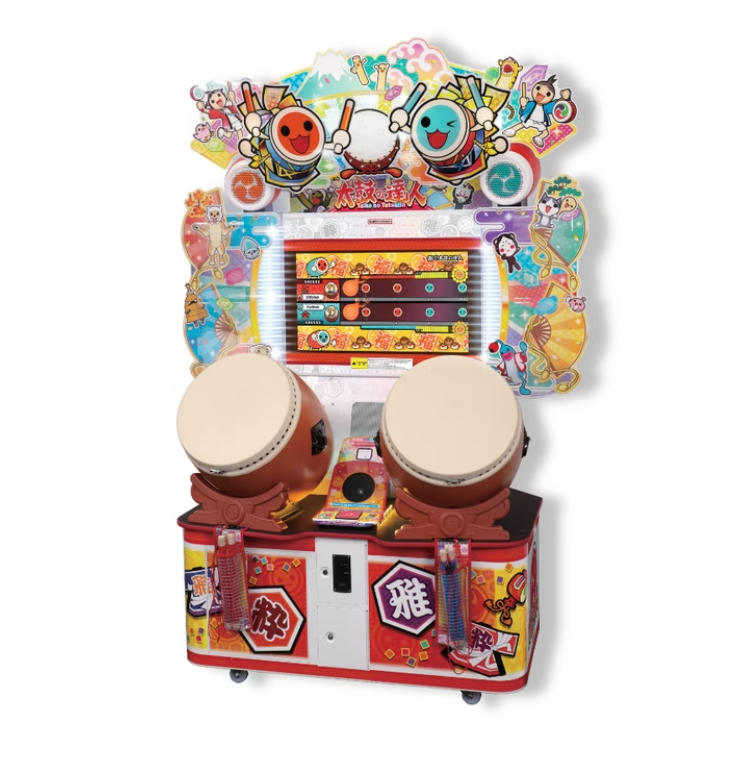 A photo showing an arcade music machine with vibrant monitor, with very enticing colors and design