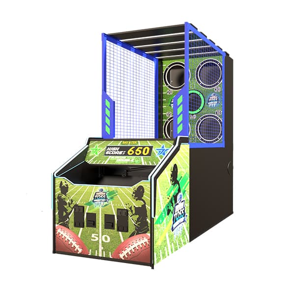 A photo showing a football arcade machine with vibrant colors and led lights: Tundra Toss: Quick Fire – Football Toss Arcade Machine | Timed Skill Game | 1–2 Player | Compact Sports Wall Cabinet |