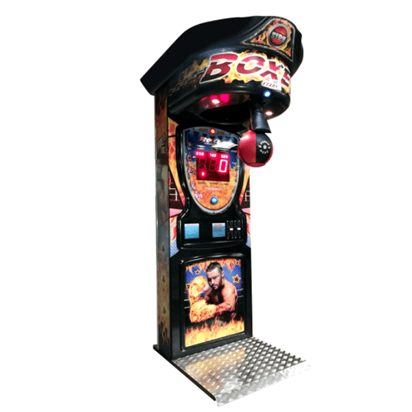 A photo of a boxing / punching machine with bright LED that shows player's score