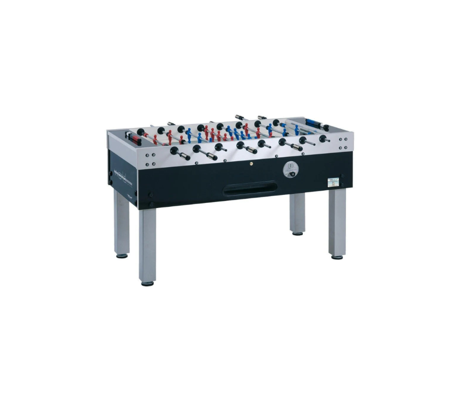 Foosball table with red, blue, and black players on a white background