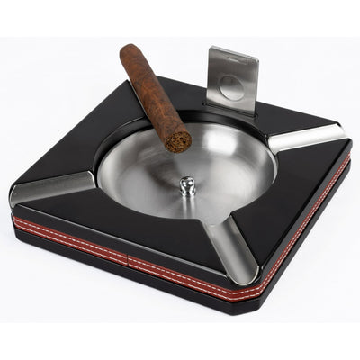Black Wood Cigar Ashtray with Leather Trim & Built-In Cutter