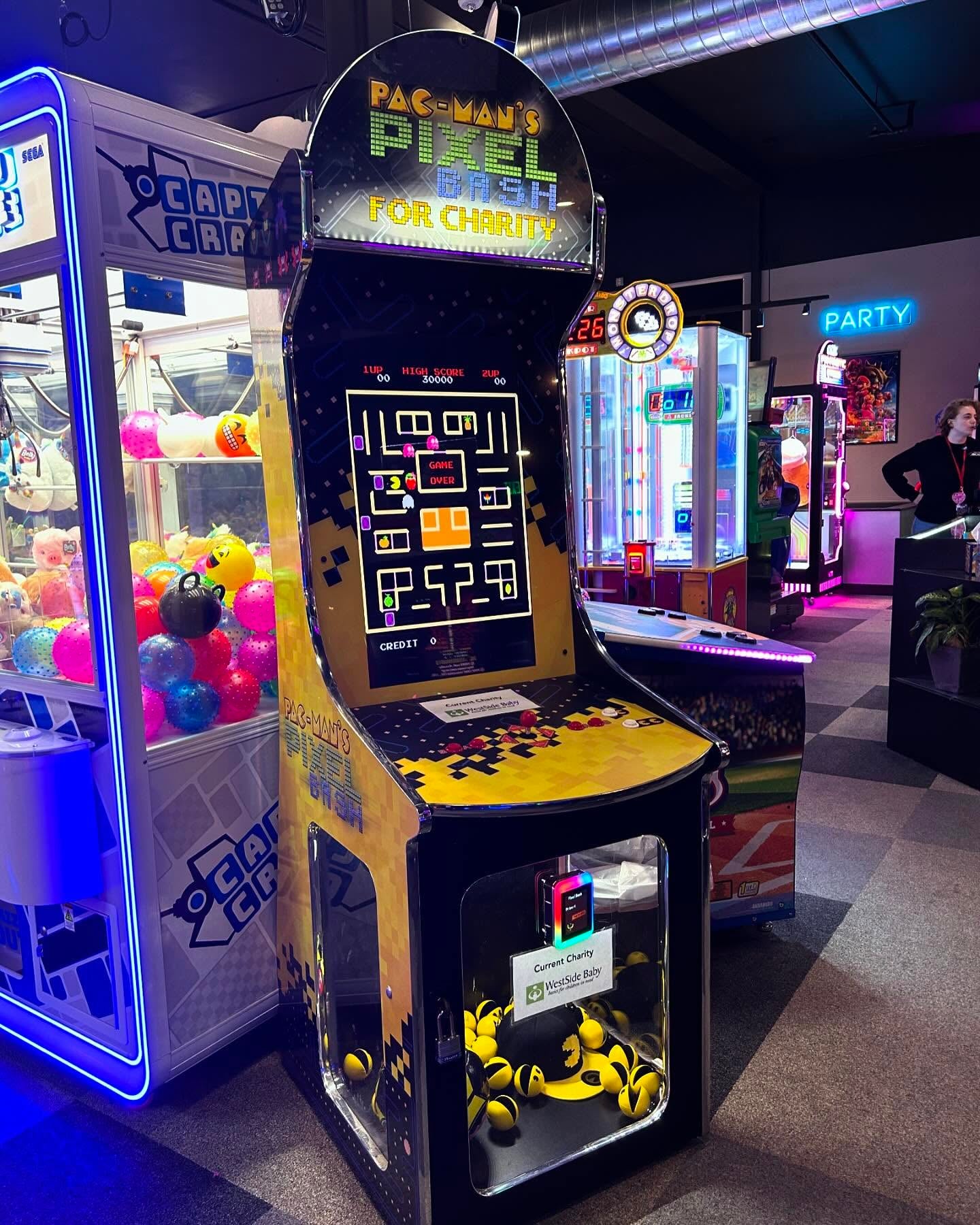 Namco Pac-Man Pixel Bash Charity Coin-Op Upright Arcade Game - 31 Classic Games | Secure Donation Cabinet | Custom Charity Marquee | Official Bandai Namco.