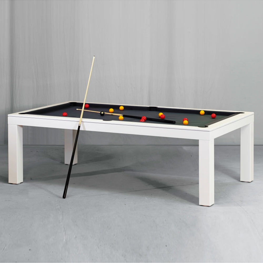 Alpha White Billiards Convertible Dining Pool Table – Modern Solid Hardwood Slate Table | Optional Hydraulic Height Adjustment | Leather Drop Pockets.