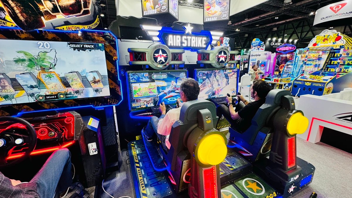 Air Strike arcade machine with 2-player flying simulator, pendulum motion seats, and optional ticket redemption.