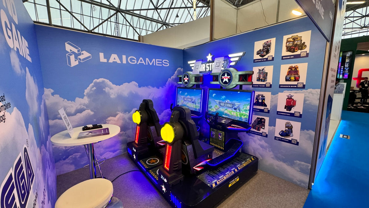 Air Strike arcade machine with 2-player flying simulator, pendulum motion seats, and optional ticket redemption.