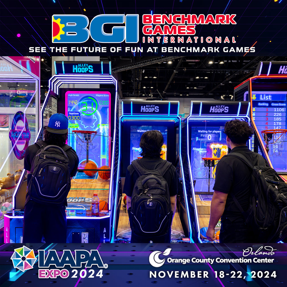 Alley Hoops Junior basketball arcade machine for kids with mini hoop, bright graphics, and soft basketballs