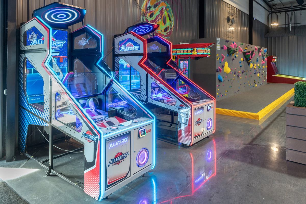 Allstars Basketball interactive redemption arcade game with digital scoring and moving hoop