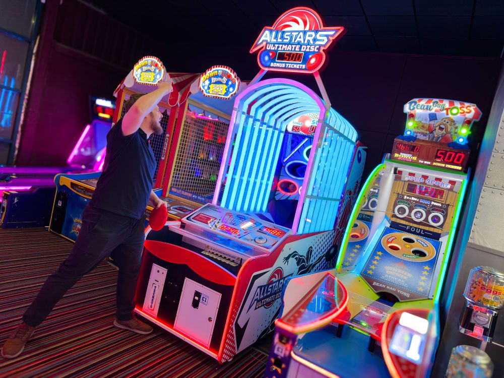 Allstars Ultimate Disc skill-based ticket redemption arcade machine with LED target zones