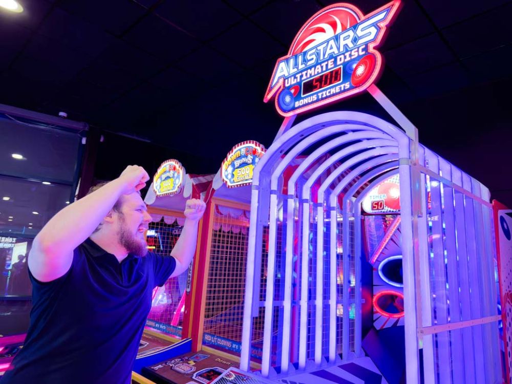 Allstars Ultimate Disc skill-based ticket redemption arcade machine with LED target zones