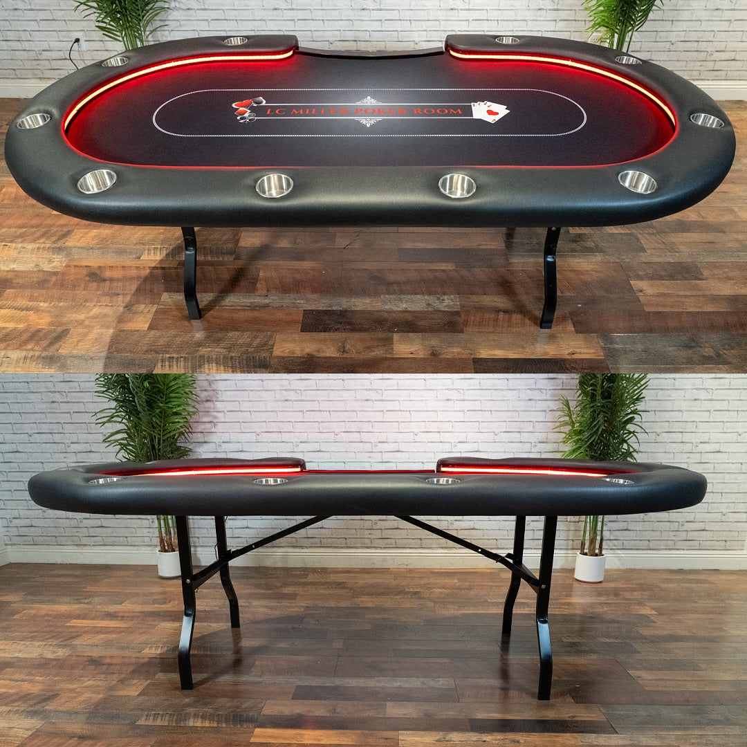 Side & top view of BBO The Aces Pro Alpha Poker Table with modern pedestal base