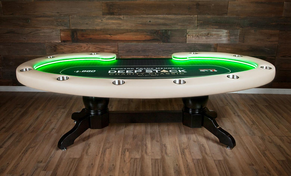 Side view of BBO The Lumen HD LED Poker Table with glowing LED lighting