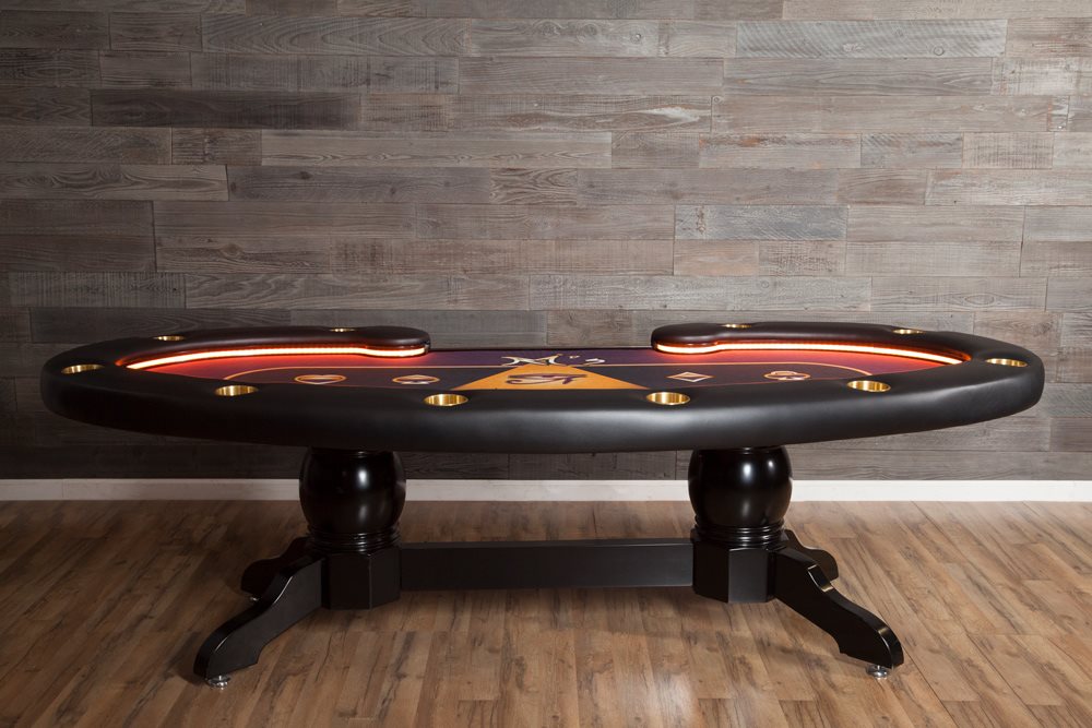 Side view of BBO The Lumen HD LED Poker Table with glowing LED lighting