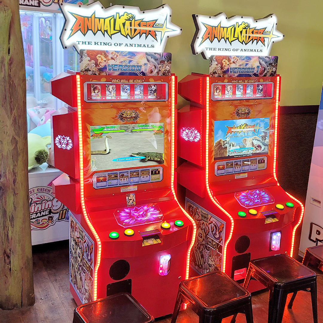 Bandai Namco Animal Kaiser Plus arcade card battle game with collectible card dispenser, HD animations, and kid-friendly cabinet.