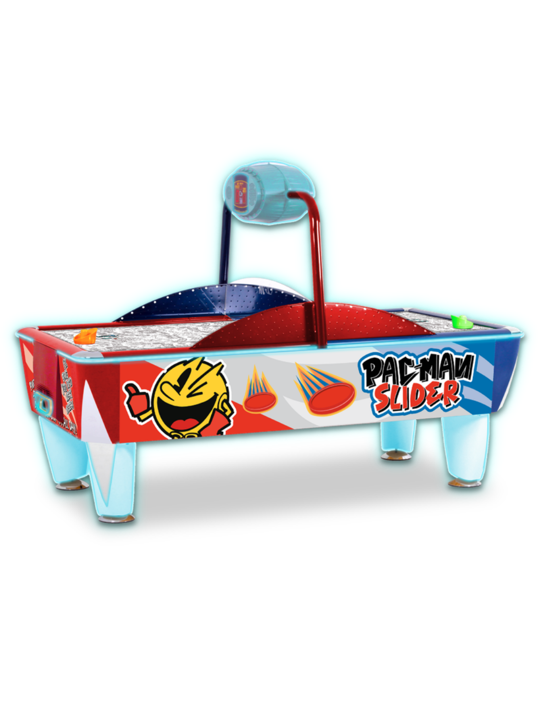 Pac-Man Slider air hockey table with LED color-changing playfield, classic Pac-Man sounds, and durable coin-operated design.
