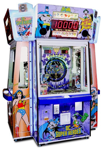 Bandai Namco DC Superheroes 4 Player Pusher Arcade Game – Token &amp; Card Redemption | Collectible Hero &amp; Villain Cards | Bonus Drop Feature | Official DC Comics.