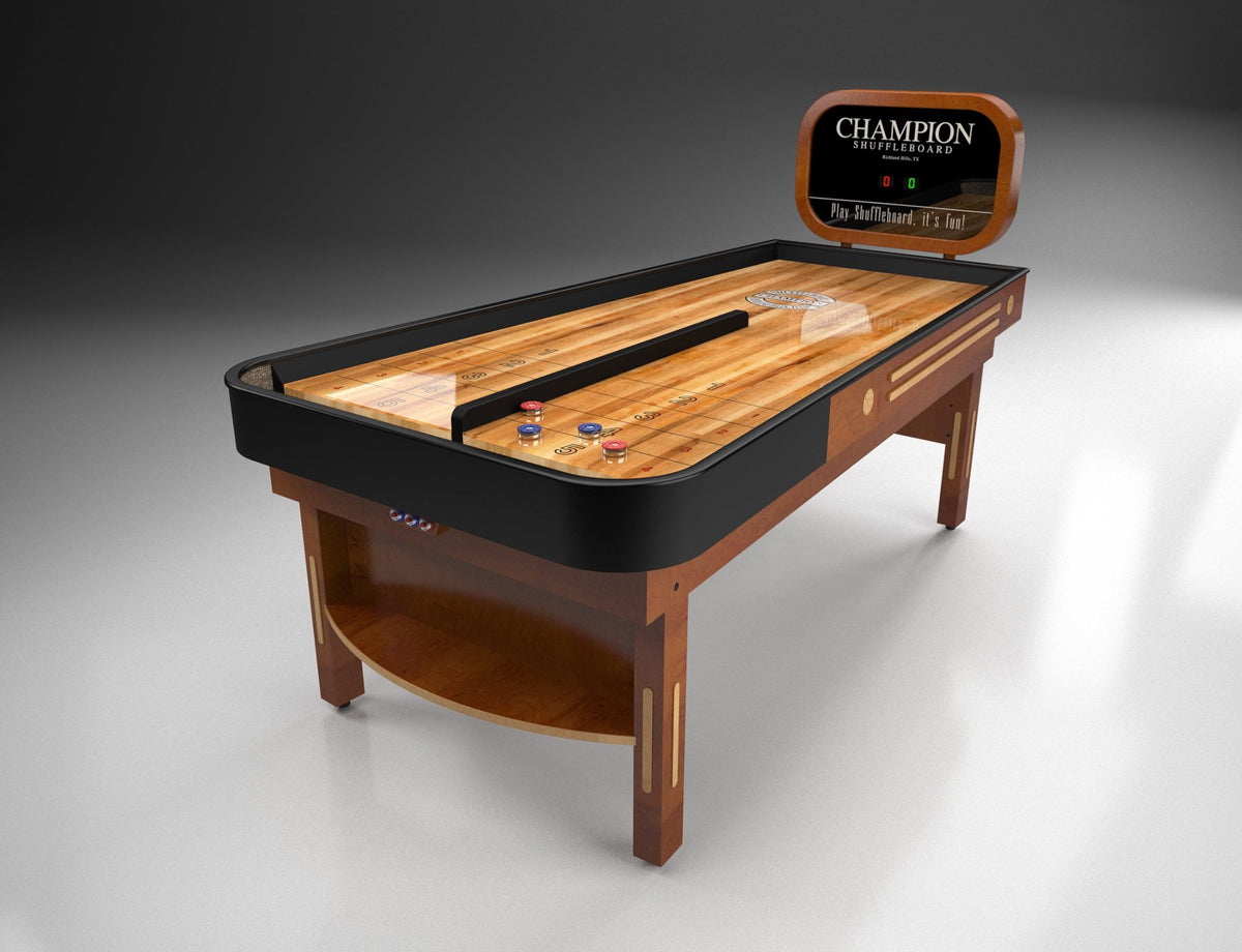 Bank Shot compact shuffleboard table with bumper play, precision scoring, and champion-quality craftsmanship