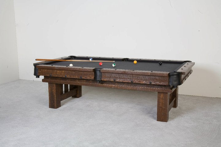 Side view of Viking Log Furniture Cheyenne rustic pool table featuring solid barnwood construction and log legs
