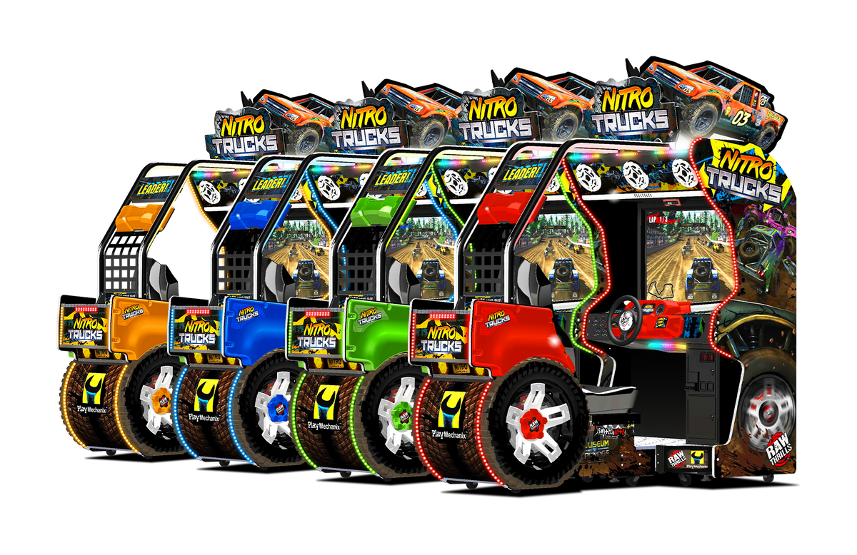 Nitro Trucks Arcade Machine – Monster Truck Racing Game | 1-8 Player Linked Cabinets | 43&quot; HD Display | Force Feedback Steering | Raw Thrills Off-Road Arcade.
