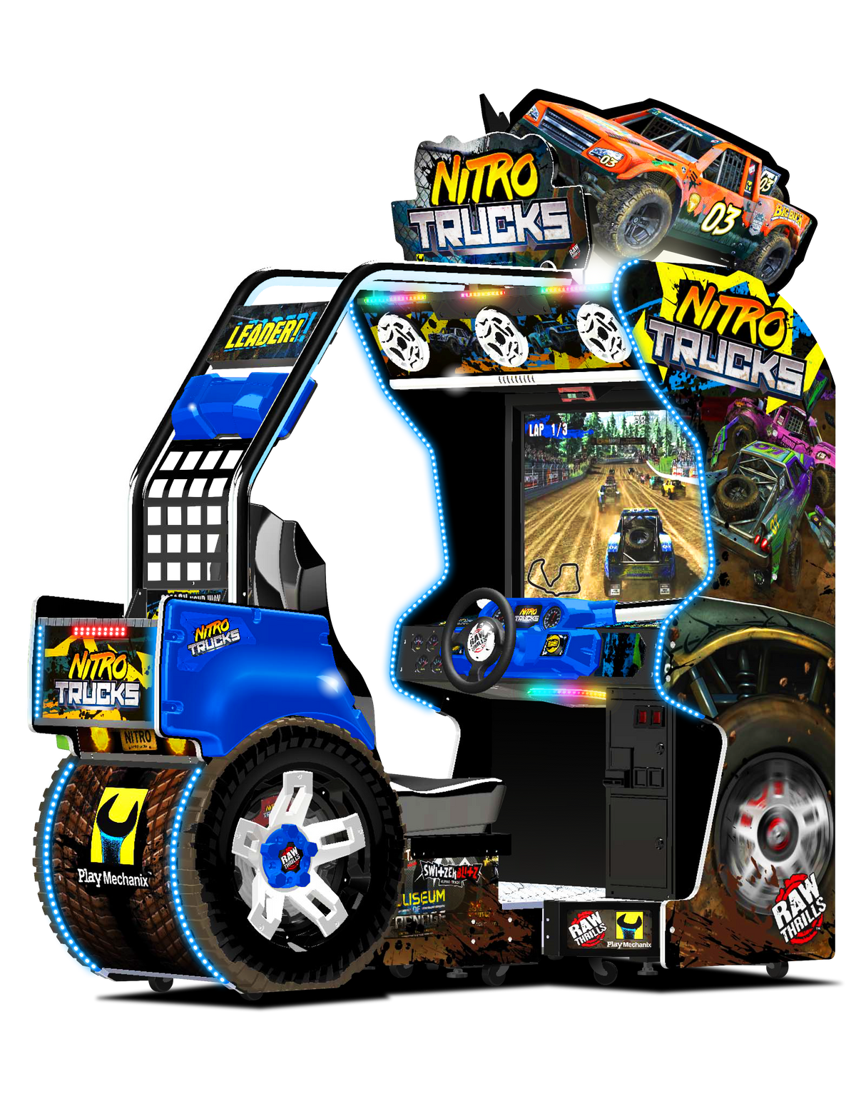 Nitro Trucks Arcade Machine – Monster Truck Racing Game | 1-8 Player Linked Cabinets | 43&quot; HD Display | Force Feedback Steering | Raw Thrills Off-Road Arcade.