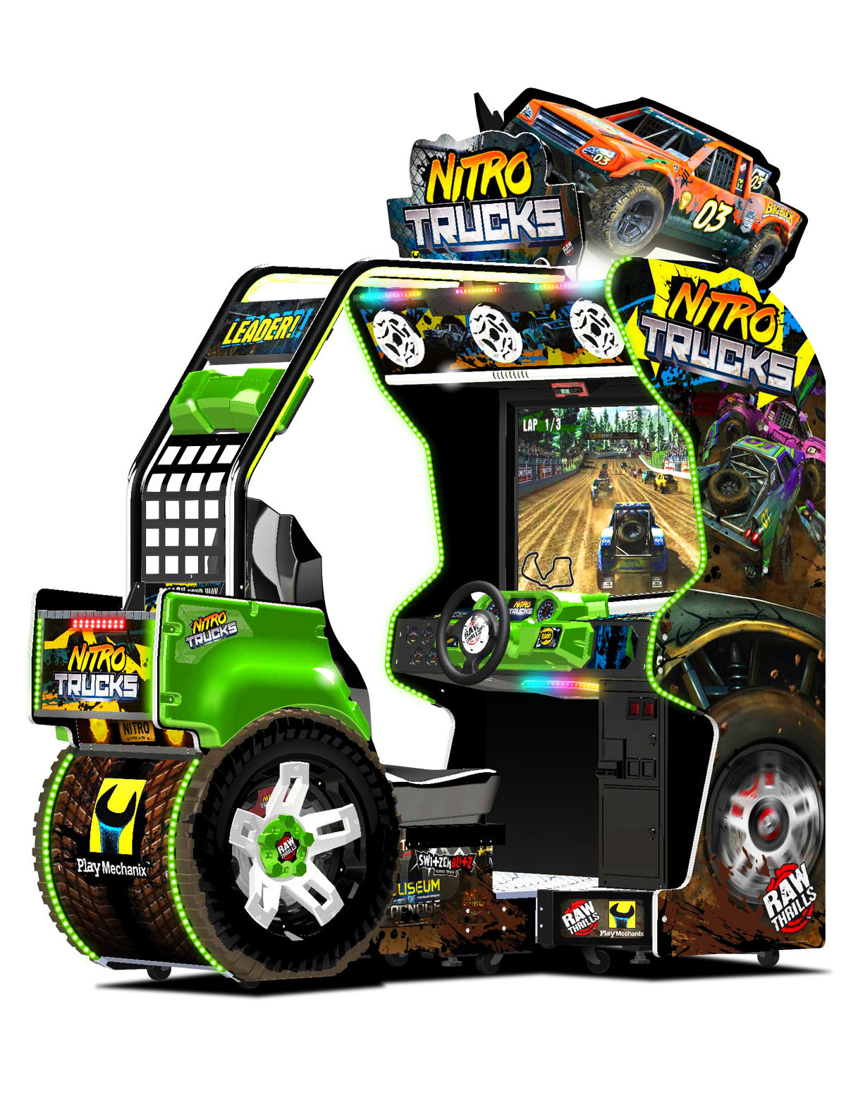 Nitro Trucks Arcade Machine – Monster Truck Racing Game | 1-8 Player Linked Cabinets | 43&quot; HD Display | Force Feedback Steering | Raw Thrills Off-Road Arcade.