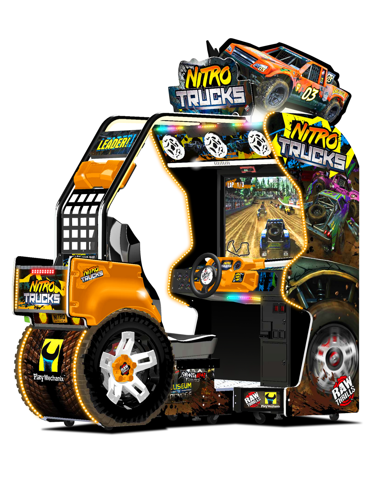 Nitro Trucks Arcade Machine – Monster Truck Racing Game | 1-8 Player Linked Cabinets | 43&quot; HD Display | Force Feedback Steering | Raw Thrills Off-Road Arcade.