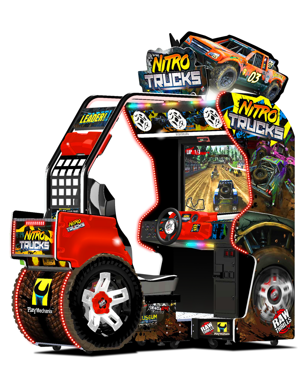Nitro Trucks Arcade Machine – Monster Truck Racing Game | 1-8 Player Linked Cabinets | 43&quot; HD Display | Force Feedback Steering | Raw Thrills Off-Road Arcade.