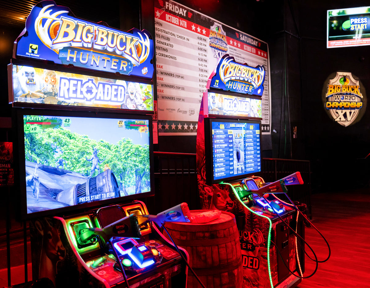 Big Buck Hunter Reloaded arcade game featuring online tournaments, DLC content, and immersive two-player hunting action.