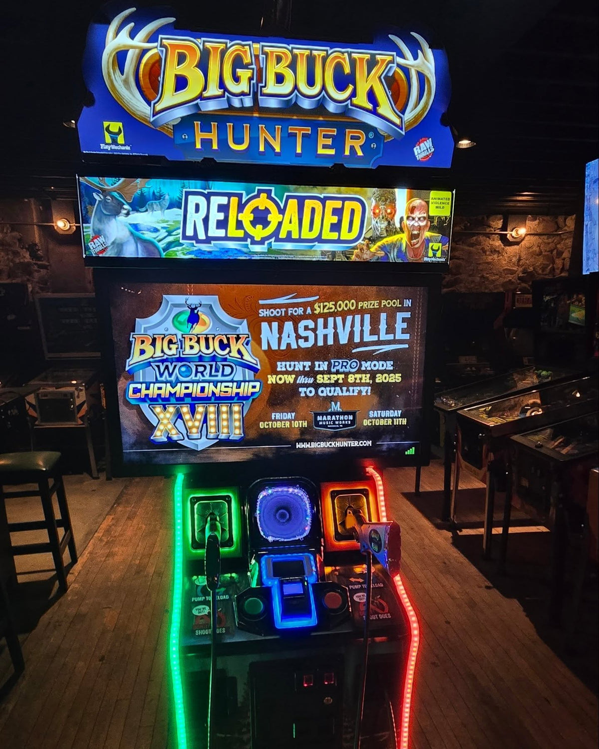 Big Buck Hunter Reloaded arcade game featuring online tournaments, DLC content, and immersive two-player hunting action.