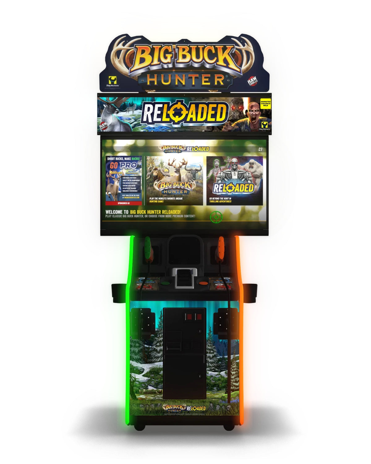 Big Buck Hunter Reloaded arcade game featuring online tournaments, DLC content, and immersive two-player hunting action.
