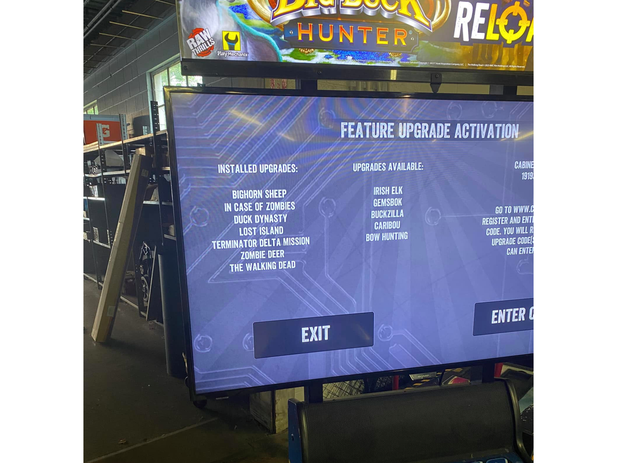 closeup view of Big Buck Hunter Reloaded Panorama arcade cabinet by Raw Thrills