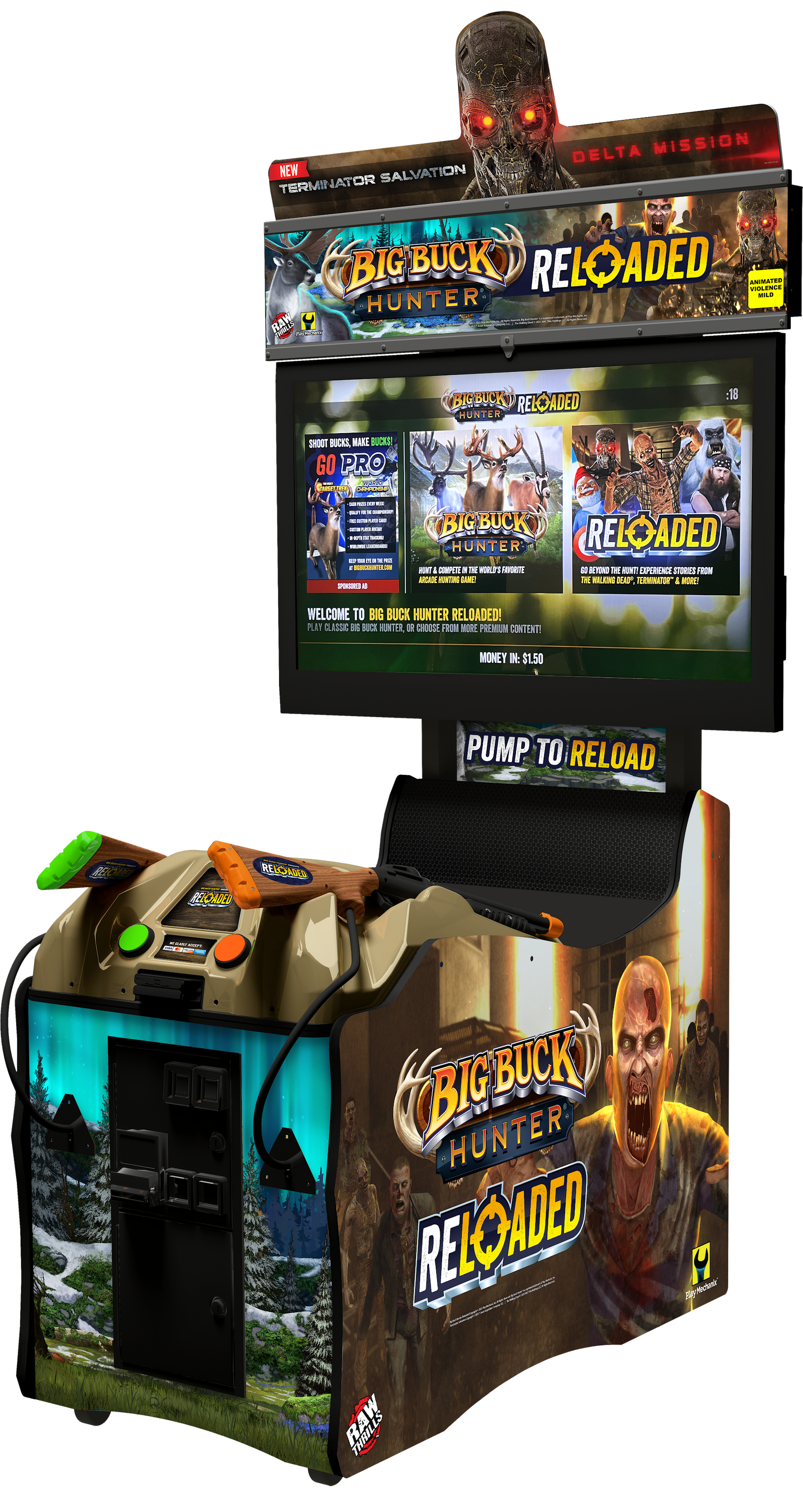 Big Buck Hunter Reloaded Panorama Arcade Machine – 2 Player Hunting Game | 42" HD Display | Online Tournaments & DLC | Raw Thrills & Play Mechanix | Pump-Action Rifles.