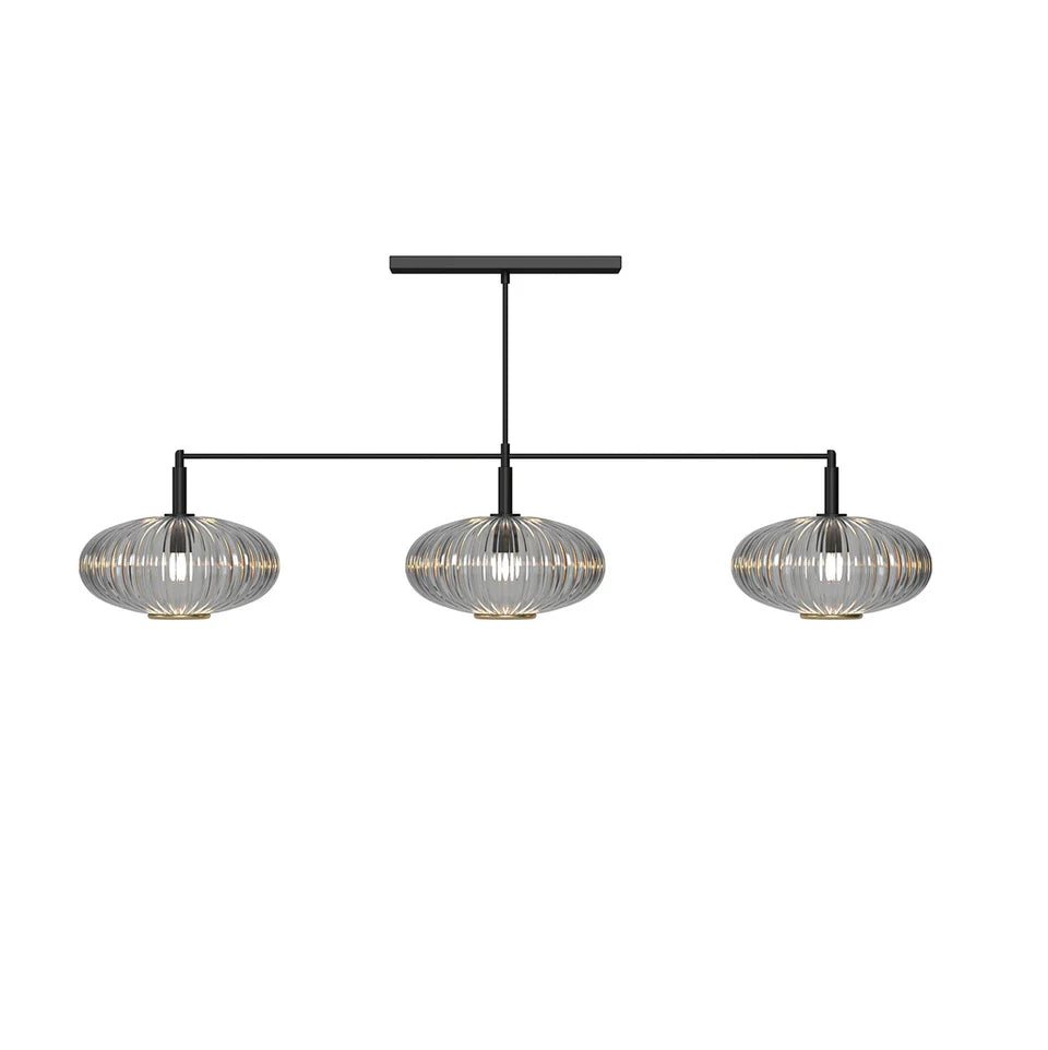 54" Prohibition Three-Shade Glass Light Fixture – Art Deco Brass or Matte Black Frame with Vintage Glass Shades