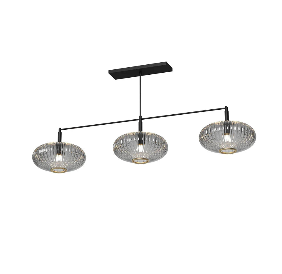 54" Prohibition Three-Shade Glass Light Fixture – Art Deco Brass or Matte Black Frame with Vintage Glass Shades