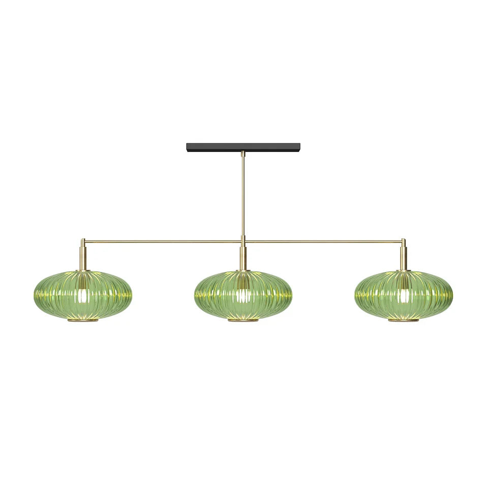 54" Prohibition Three-Shade Glass Light Fixture – Art Deco Brass or Matte Black Frame with Vintage Glass Shades