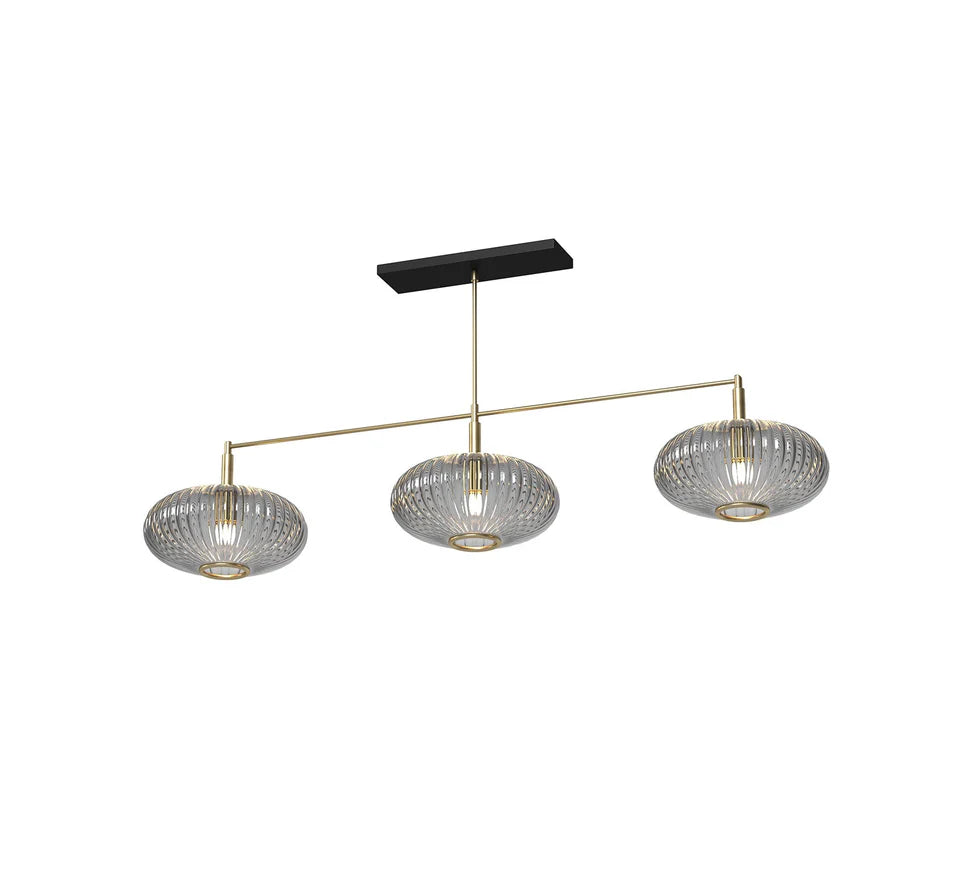 54" Prohibition Three-Shade Glass Light Fixture – Art Deco Brass or Matte Black Frame with Vintage Glass Shades
