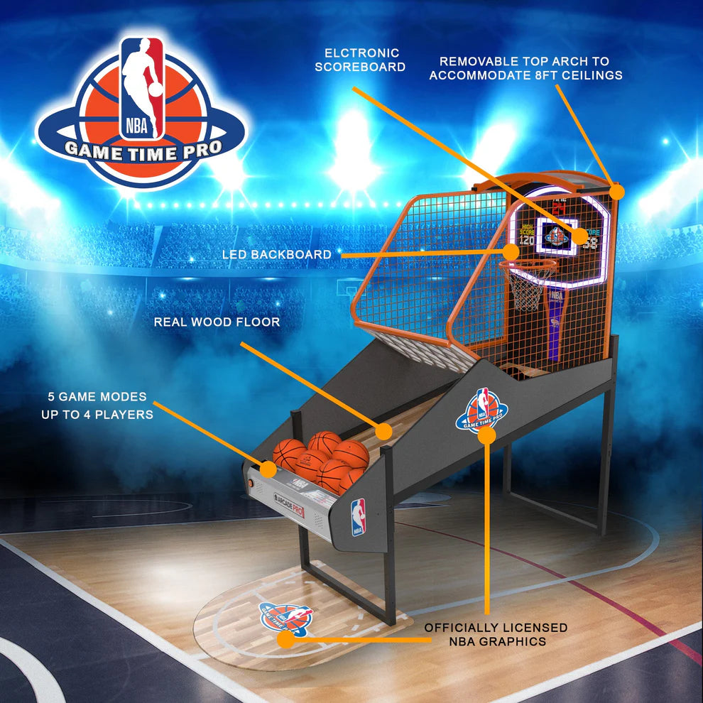 NBA Game Time Pro Basketball Arcade Machine – Choose Your NBA Team | 5 Game Modes | Real Wood Floor | 1-4 Player Home Arcade | Official NBA Licensed.