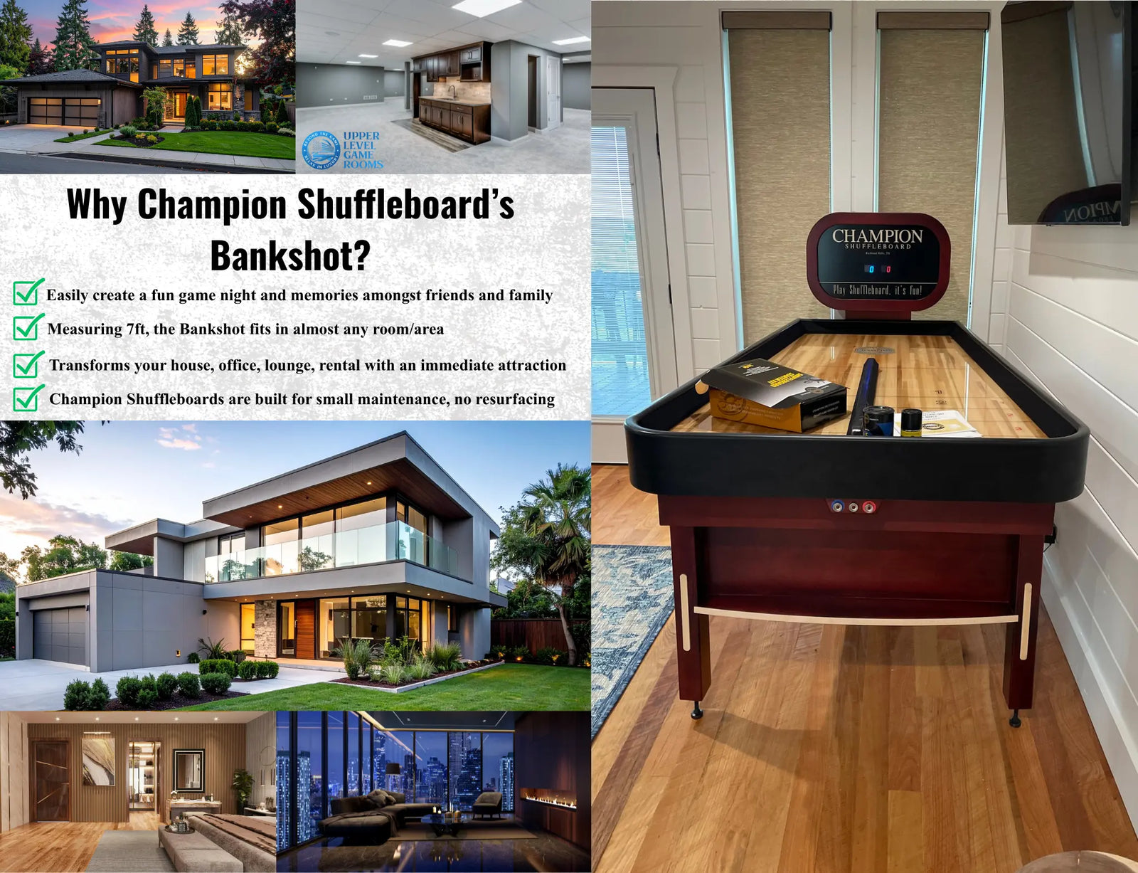 Wooden shuffleboard table with instructions on how to play, featuring Champion Shuffleboard branding.