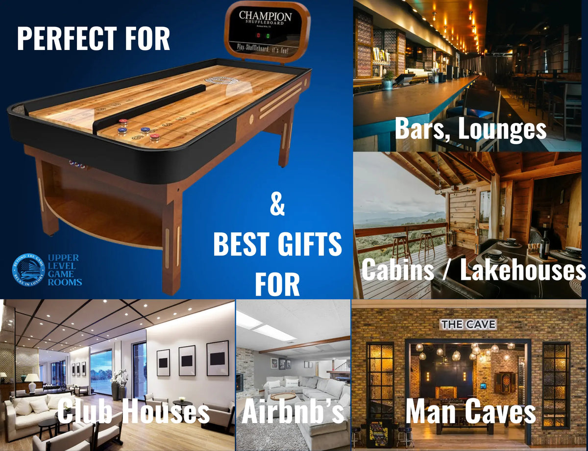 Advertisement for a shuffleboard table with text indicating its suitability for various settings like bars, lounges, cabins, and man caves.