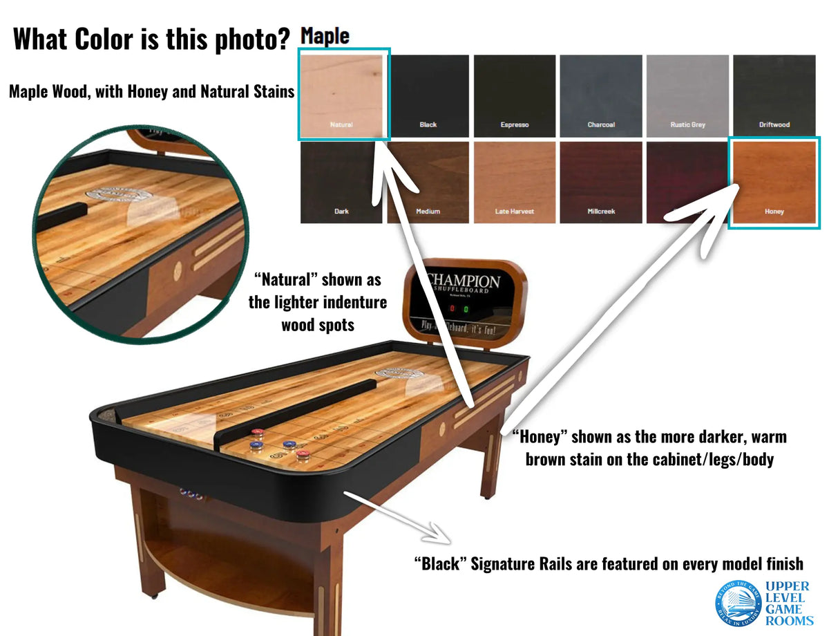 Shuffleboard table with color swatches labeled 'Maple', 'Honey', and 'Black' to indicate wood finishes.