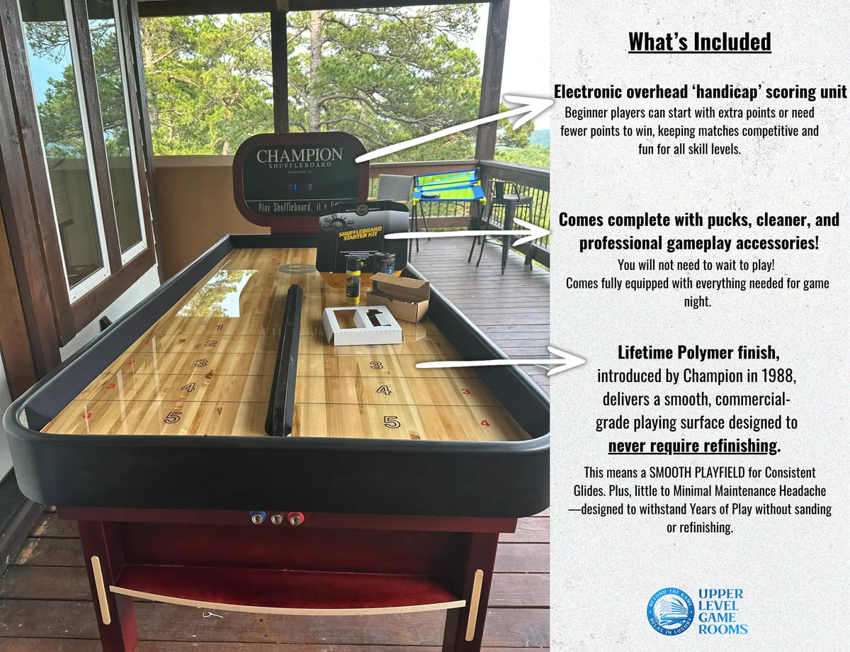 Air hockey table with promotional text about included features and brand, set outdoors.