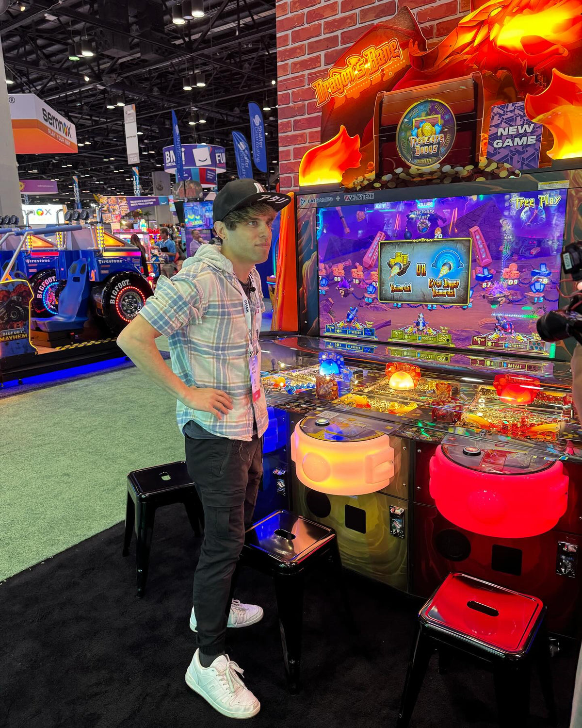 Dragon’s Bane 3-player coin pusher arcade machine with dragon-themed design and mixed analog-digital gameplay.