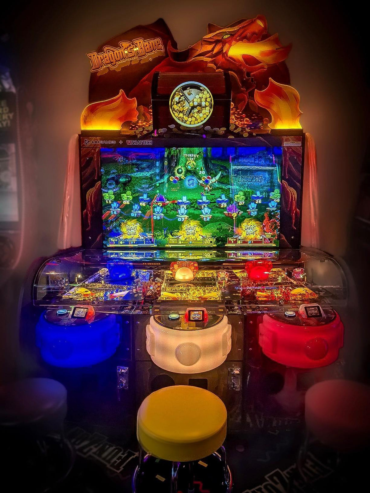 Dragon’s Bane 3-player coin pusher arcade machine with dragon-themed design and mixed analog-digital gameplay.
