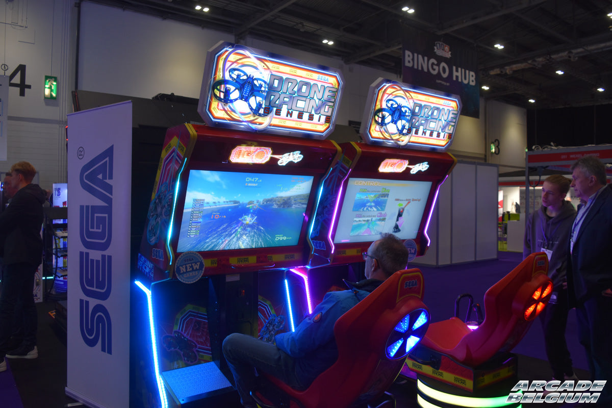 Drone Racing Genesis arcade machine by Sega with immersive drone racing cockpit and LED lighting