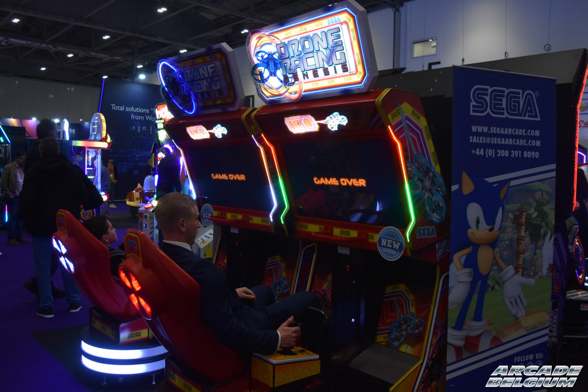Drone Racing Genesis arcade machine by Sega with immersive drone racing cockpit and LED lighting