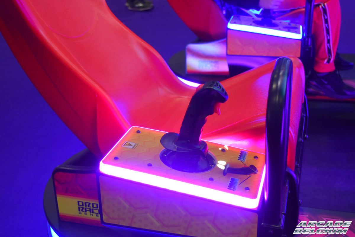 Drone Racing Genesis arcade machine by Sega with immersive drone racing cockpit and LED lighting