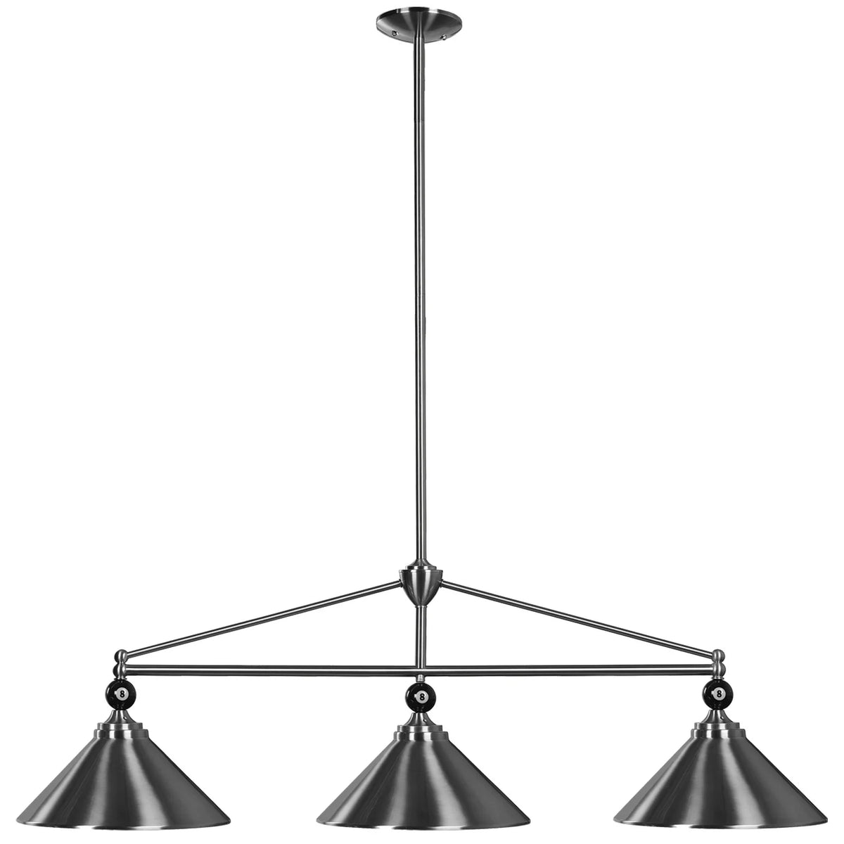 54" Stainless Steel Three-Shade Billiard Light Fixture with 8-Ball Accents – Modern Pool Table Lighting