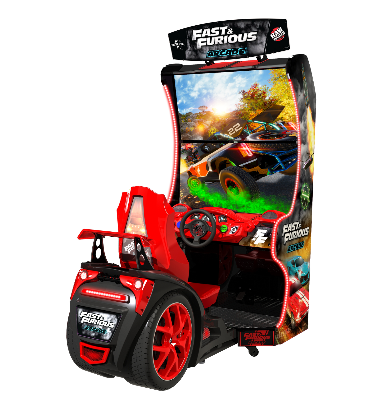 Fast & Furious Arcade – 43" Standard Cabinet Racing Machine | Compact Dual UHD Displays | 1-8 Player Linked Multiplayer | Raw Thrills & Universal | LED Cockpit.
