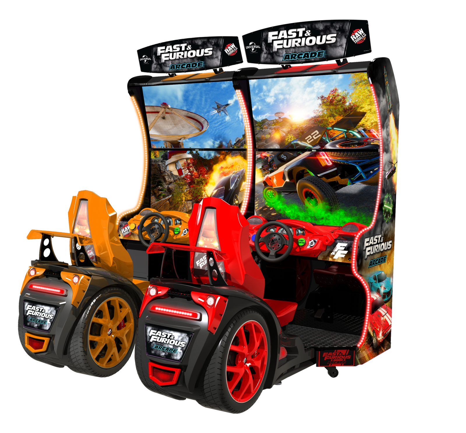 Fast & Furious Arcade - 43" Standard Cabinet Racing Machine | Compact Dual UHD Displays | 1-8 Player Linked Multiplayer | Raw Thrills & Universal | LED Cockpit.